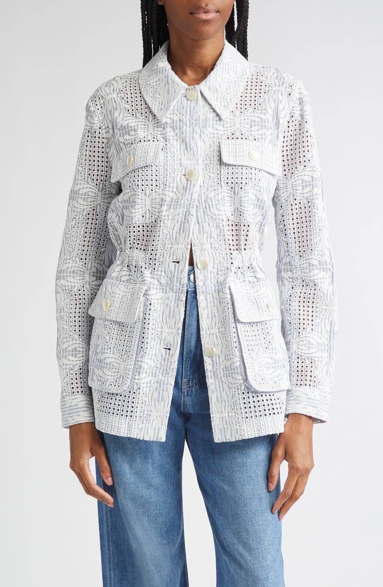 Veronica Beard Kiki Embroidered Eyelet Jacket, Main, color, Blue White