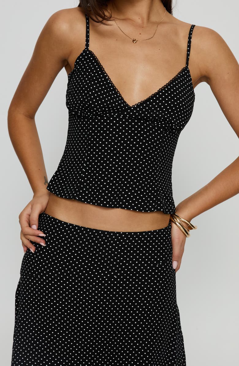 Princess Polly Cabernet Polka Dot Camisole & Asymmetric Skirt Set, Alternate, color, Black Polka