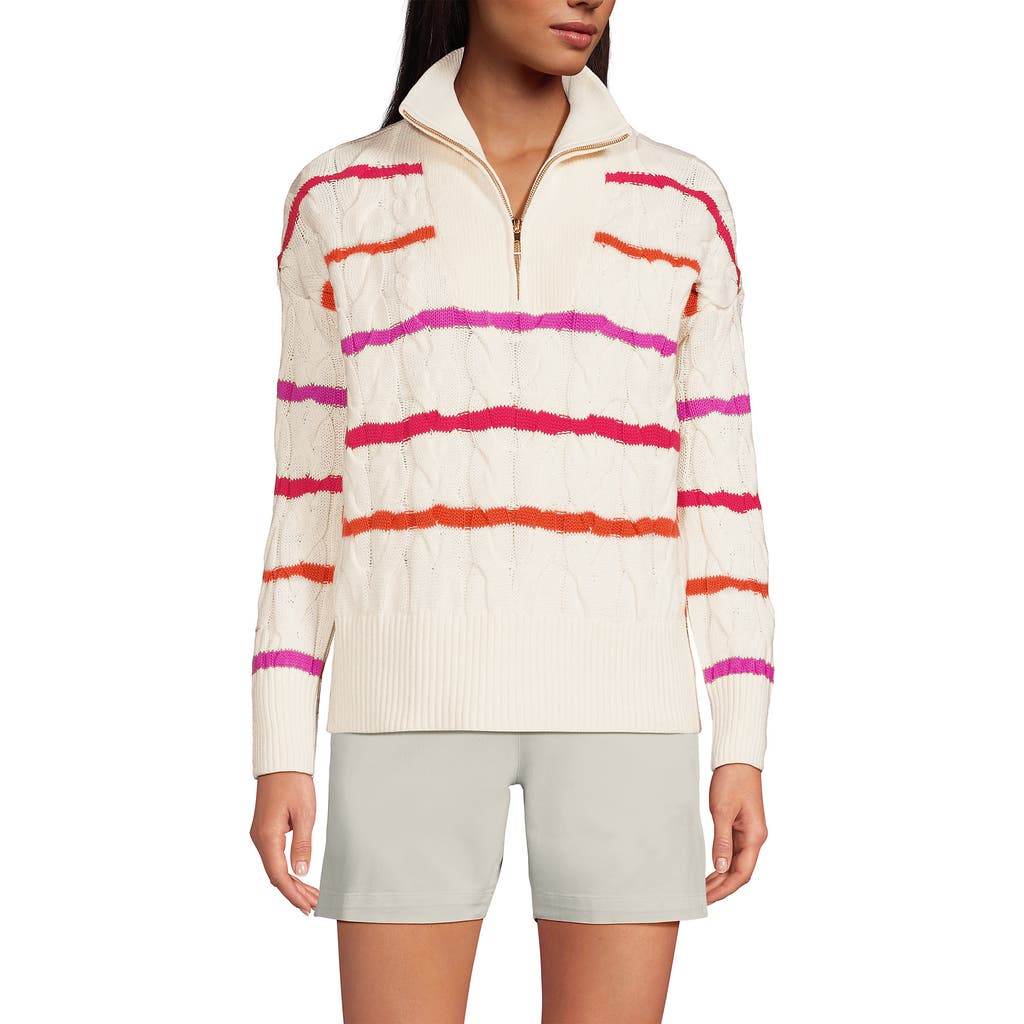 Lands' End Drifter Cotton Quarter Zip Pullover Sweater In Fresh Ivory Wide Multi Stripe