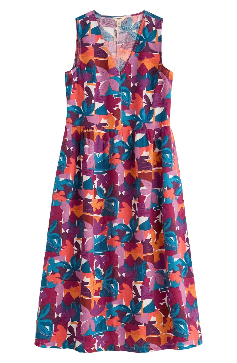 Seasalt Cornwall Lowland Heather Floral Linen Midi Dress, Alternate, color, Floral Tropic Shapes Chalk