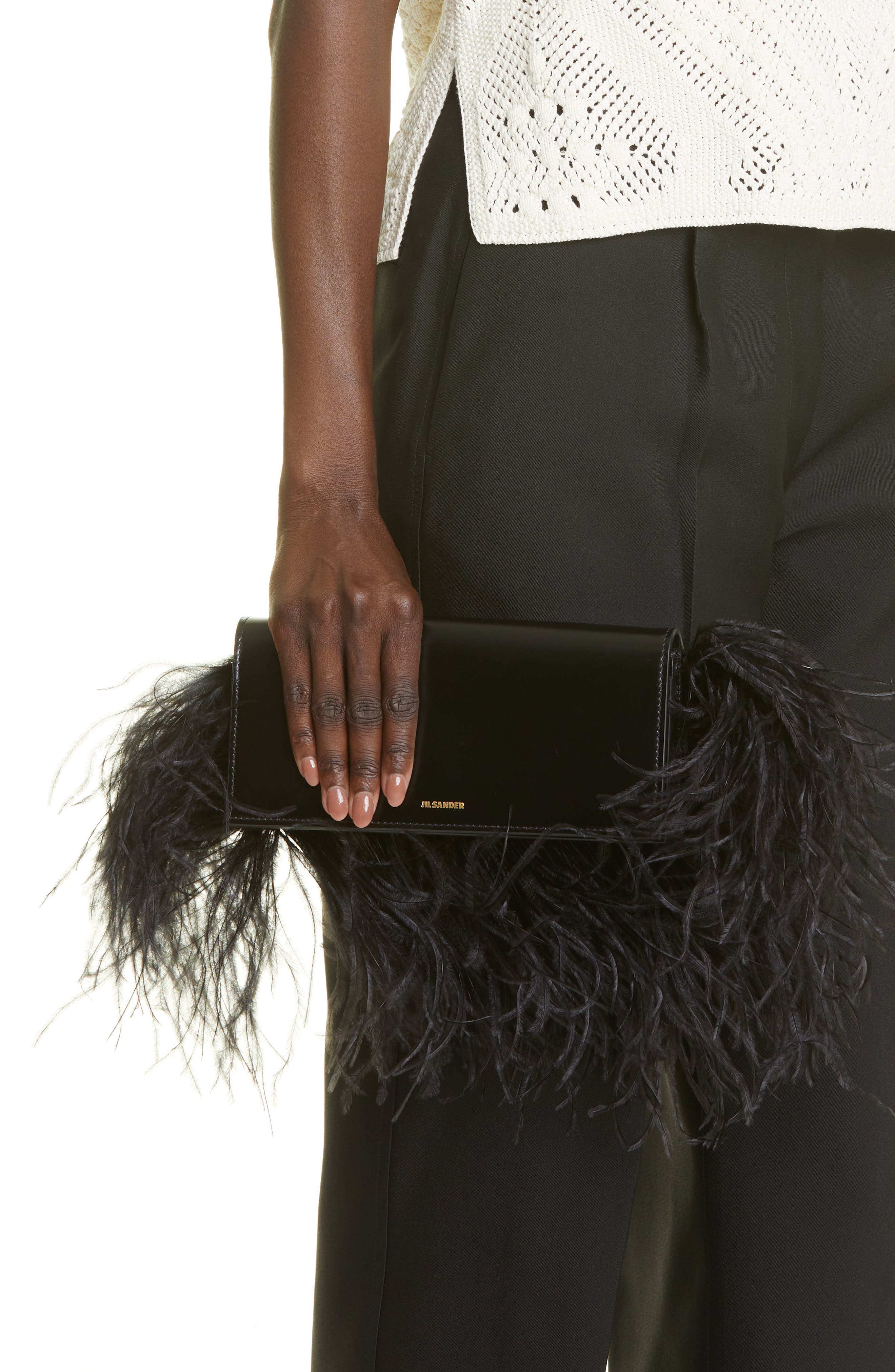 Jil Sander Feather Trim Clutch, Alternate, color, 