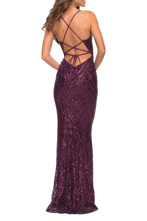 La Femme Print Sequin Gown In Dark Berry