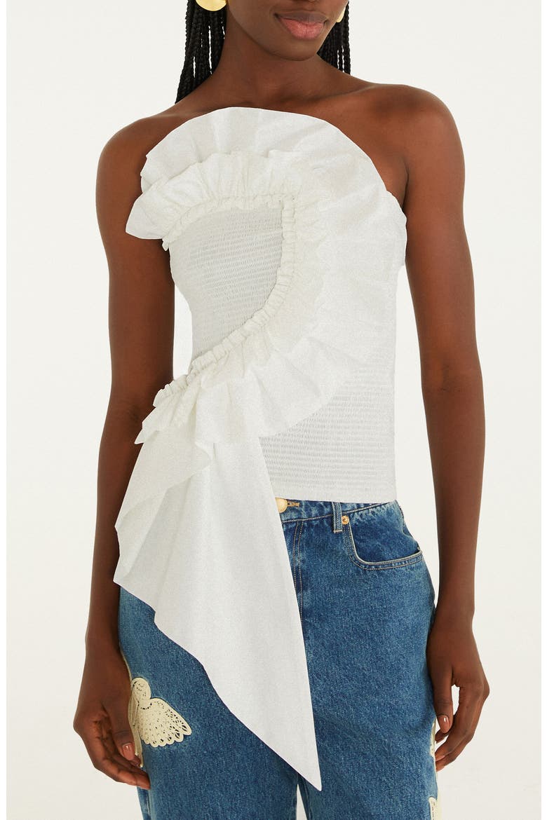 Strapless Smocked Cotton Ruffle Top, Main, color, WHITE
