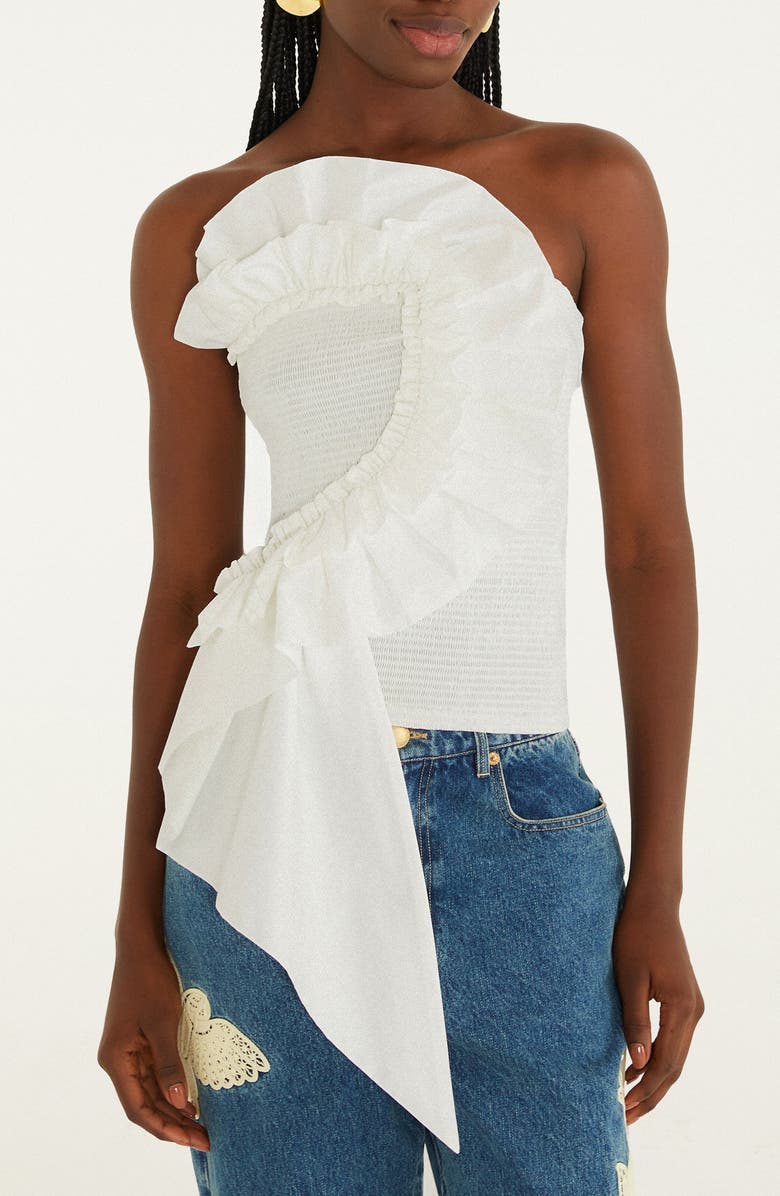 FARM Rio Strapless Smocked Cotton Ruffle Top, Main, color, White