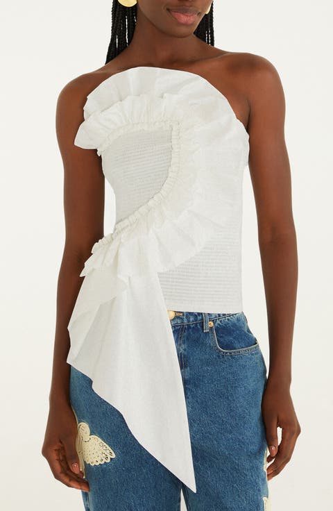 Strapless Smocked Cotton Ruffle Top