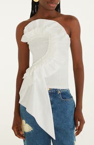 FARM Rio Strapless Smocked Cotton Ruffle Top