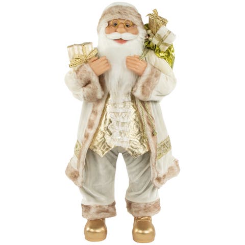 24" White and Ivory Santa Claus with Gift Bag Christmas Figure