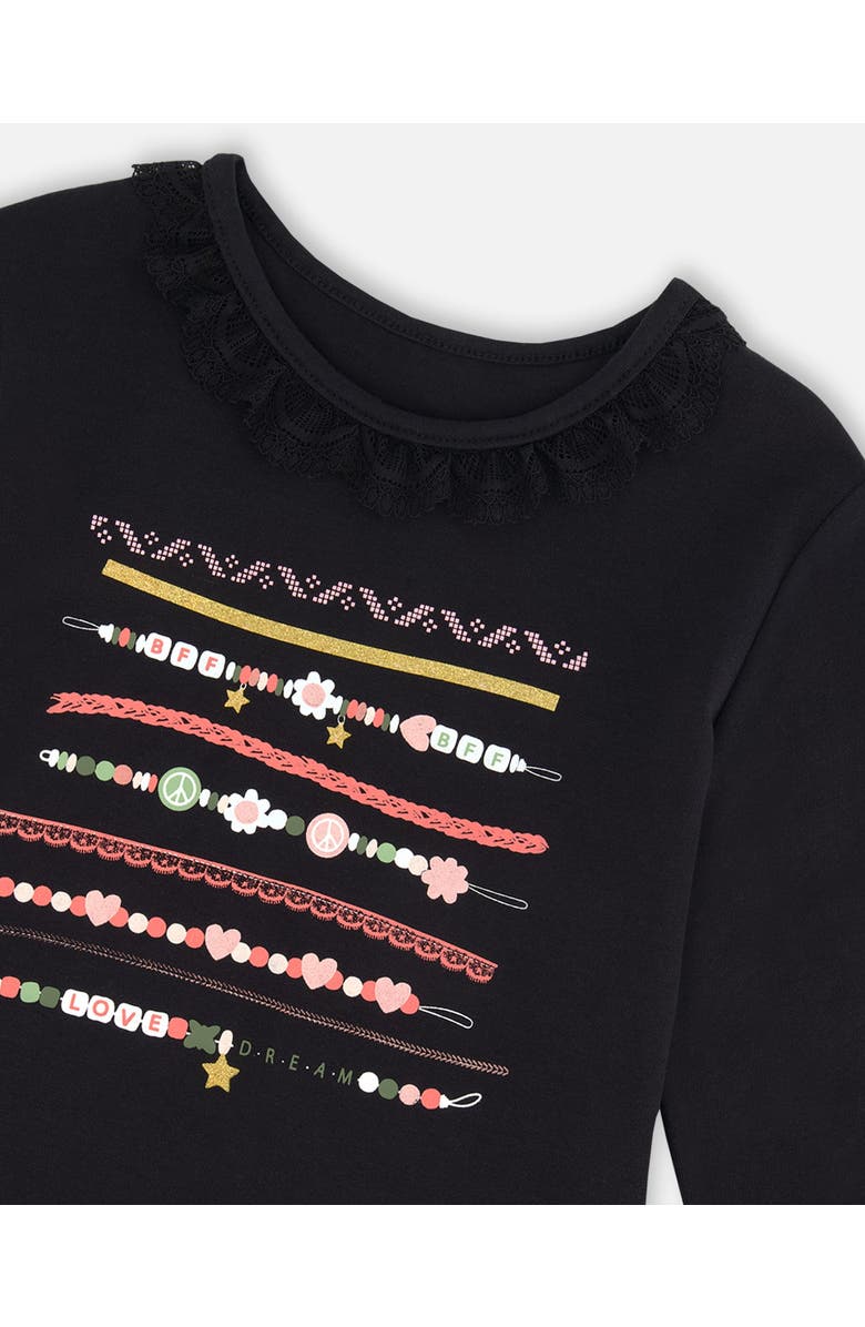 Deux par Deux Girl's Print T-Shirt With Lace Black, Alternate, color,