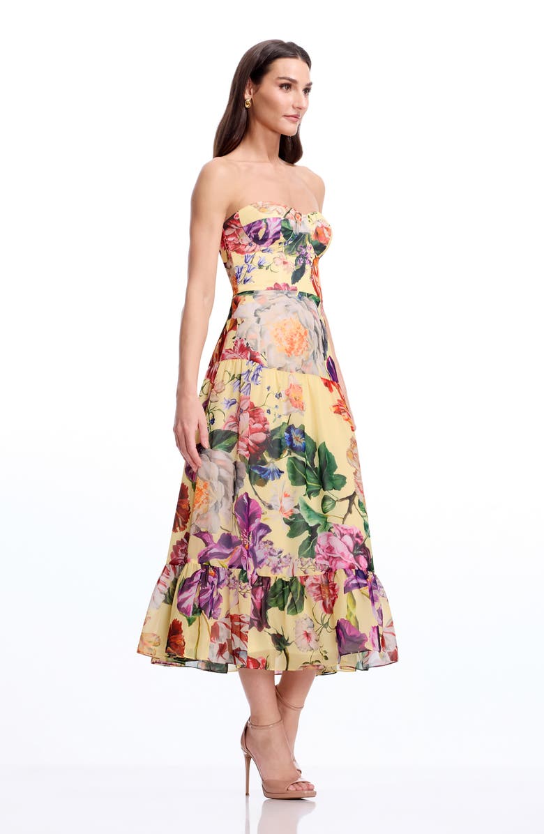 Dress the Population Prescott Floral Strapless Cocktail Midi Dress, Alternate, color, Golden Floral Multi