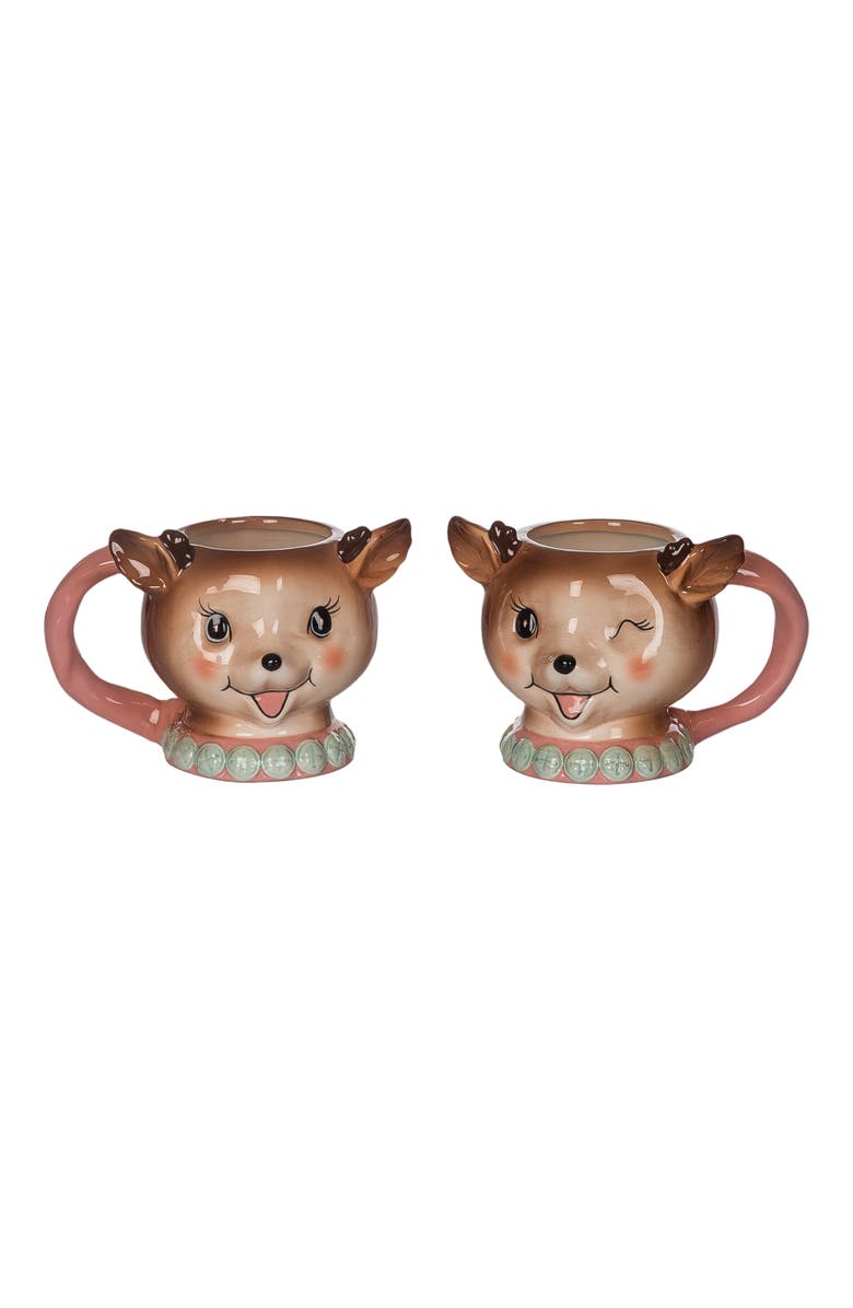 Transpac Dolomite Pink Vintage Reindeer Mugs Set of 2 Christmas Decor, Main, color,