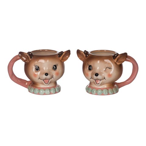 Dolomite Pink Vintage Reindeer Mugs Set of 2 Christmas Decor