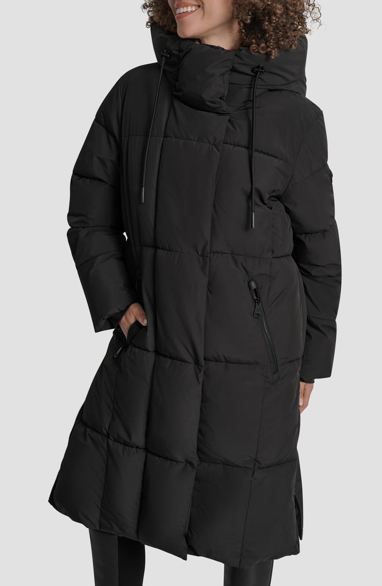 DKNY Box Quilted Longline Puffer Coat, Alternate, color, Black