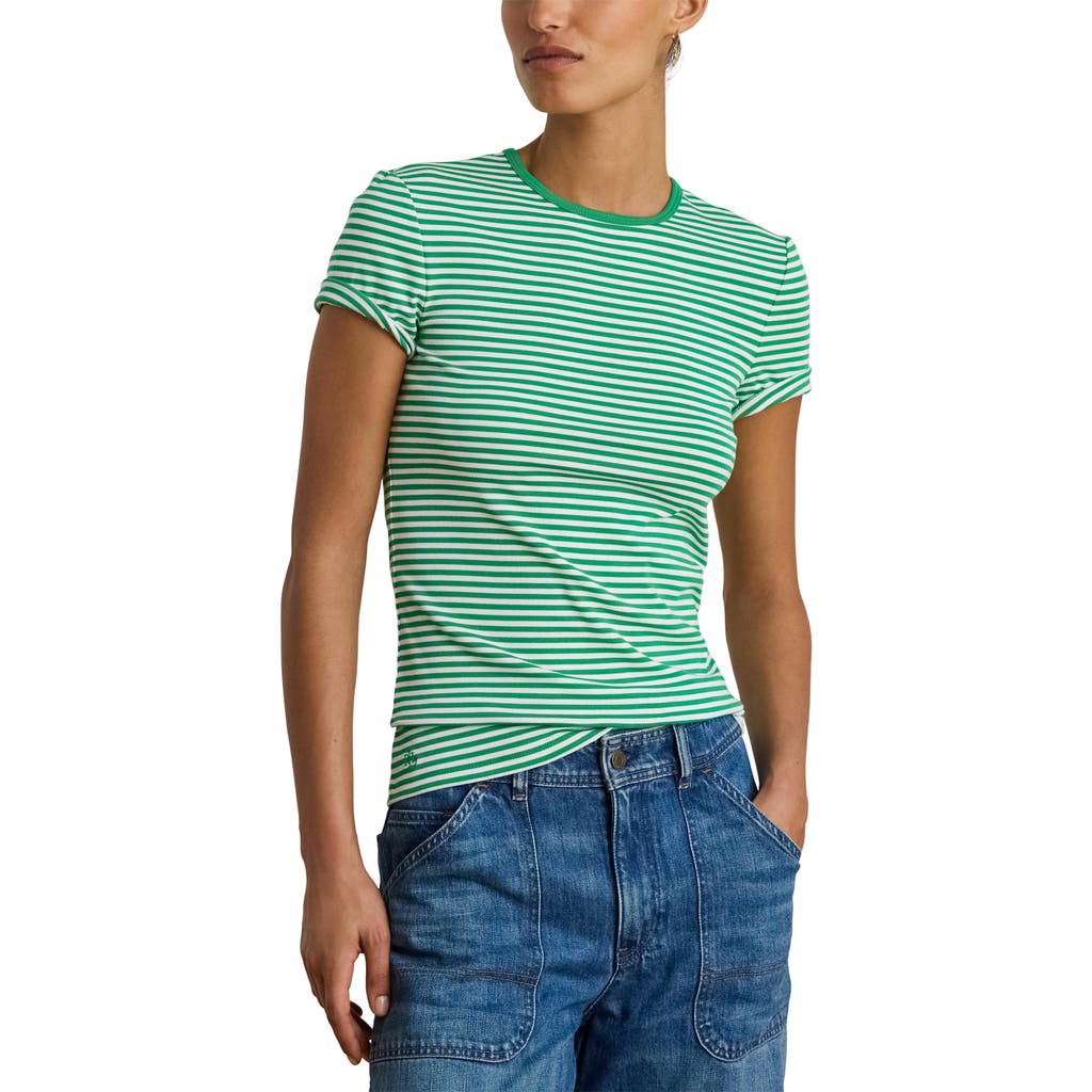 Ralph Lauren Striped Stretch Cotton Crewneck Tee In Green