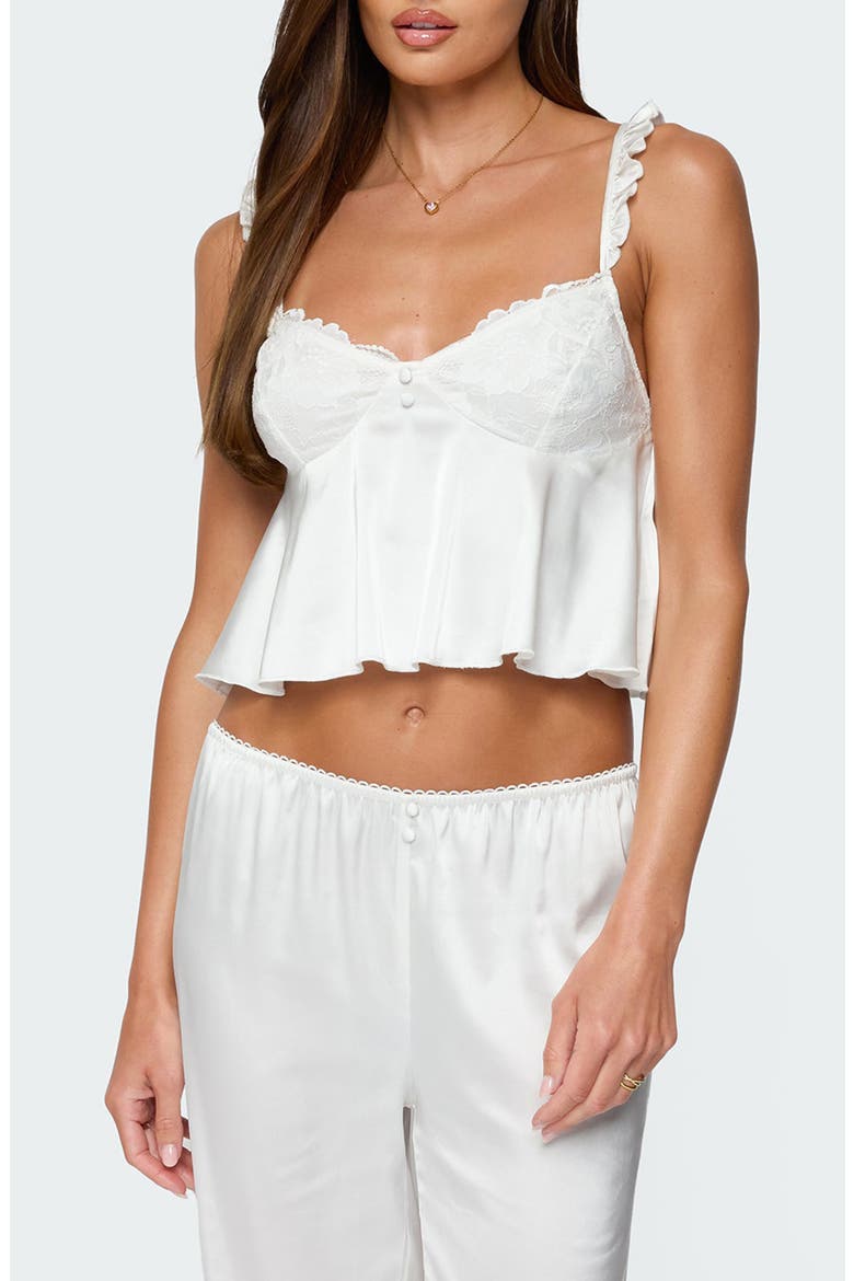 Izabella Ruffle Lace Trim Satin Effect Crop Camisole, Main, color, WHITE