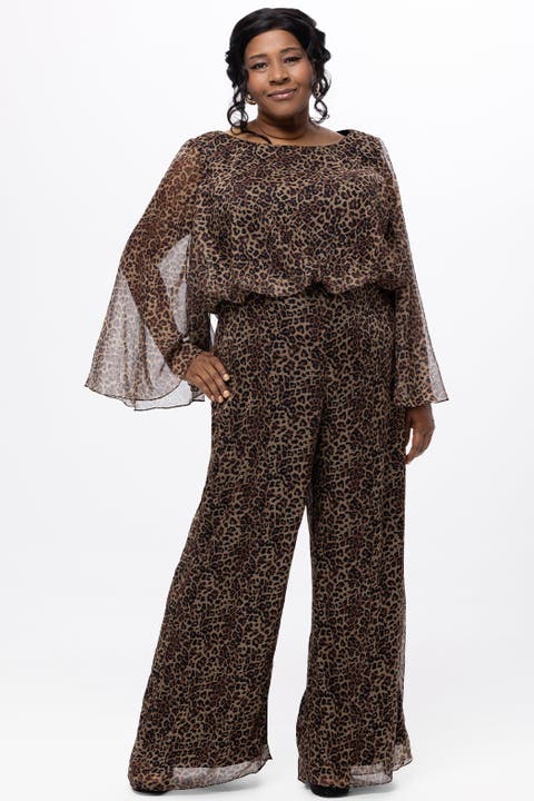 Scoop Neck Wide Leg Animal Print Plus Size Jumpsuit