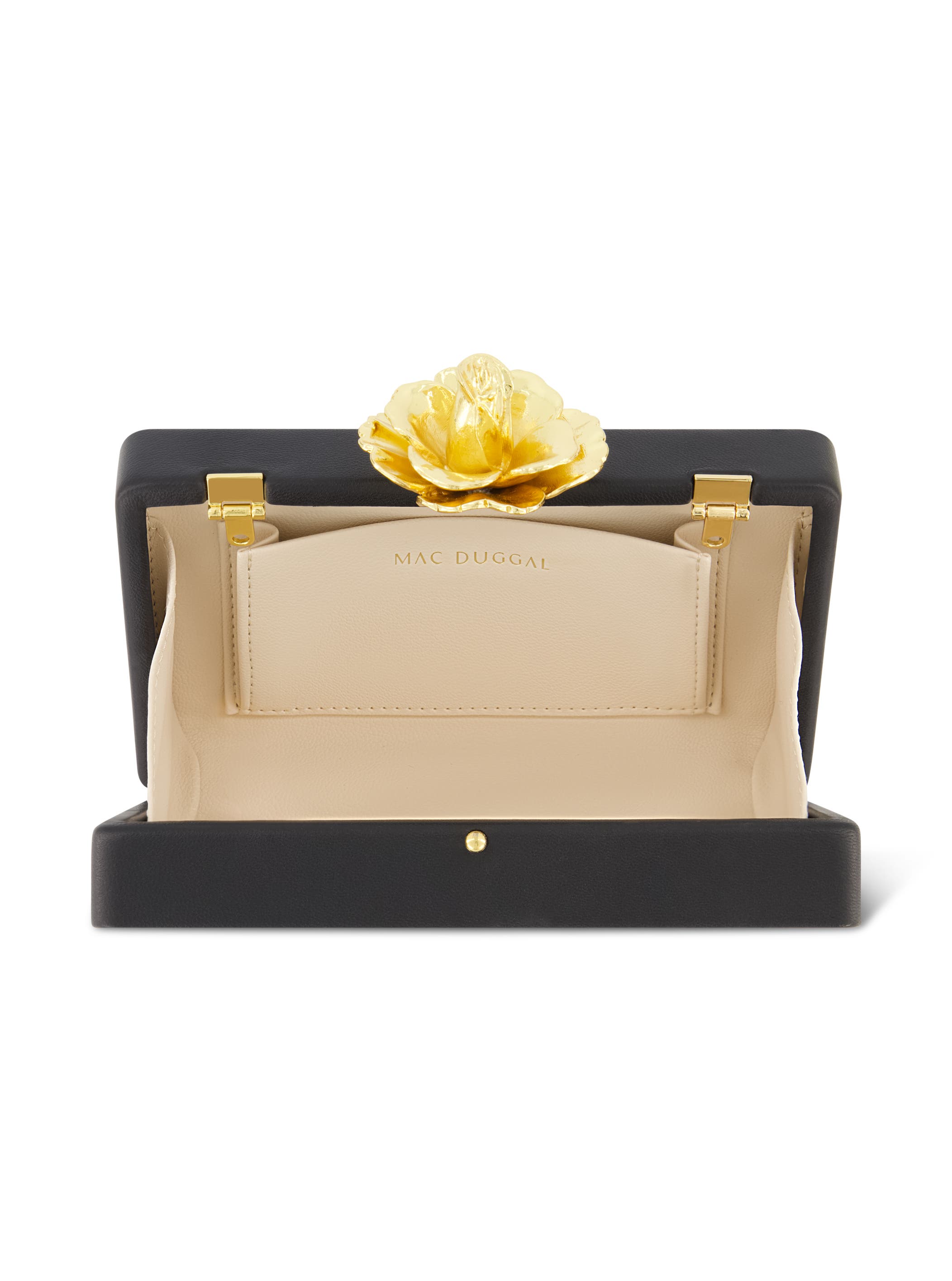 Mac Duggal Nappa Leather Gold Rose Detail Box Clutch Bag, Alternate, color, 