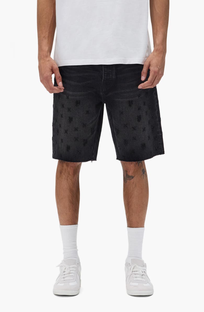 PURPLE BRAND Beaded Monogram Denim Shorts, Main, color, Black
