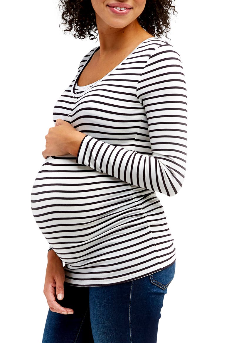Ruched Long Sleeve Maternity/Nursing Top, Alternate, color, BLACK AND WHITE STRIPE