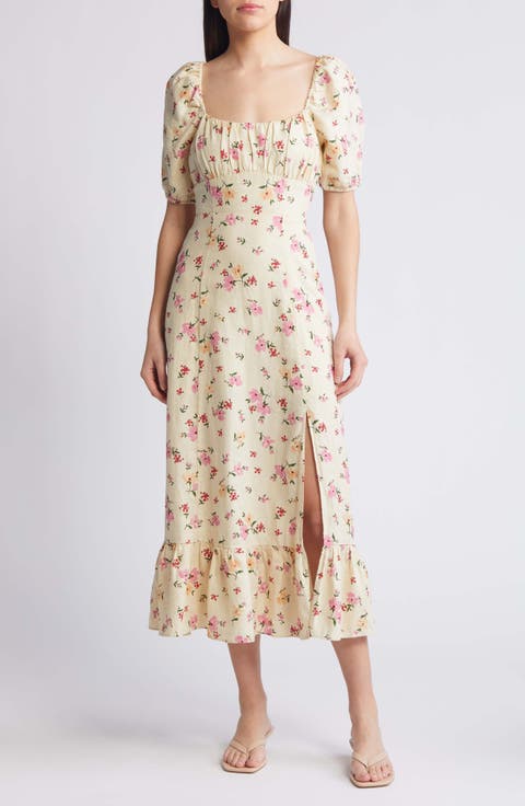 Floral Puff Sleeve Linen Midi Dress