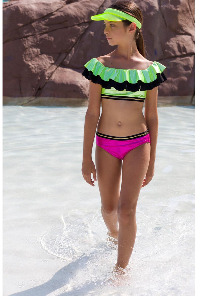 Shimmer Off-Shoulder Ruffle Two-Piece Bikini, Little Kid-Big Kid, Alternate, color, Green