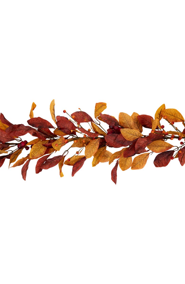 Northlight Autumn Magnolia Leaves and Mixed Berries Artificial Fall Harvest Garland - 5' x 8", Alternate, color, Red