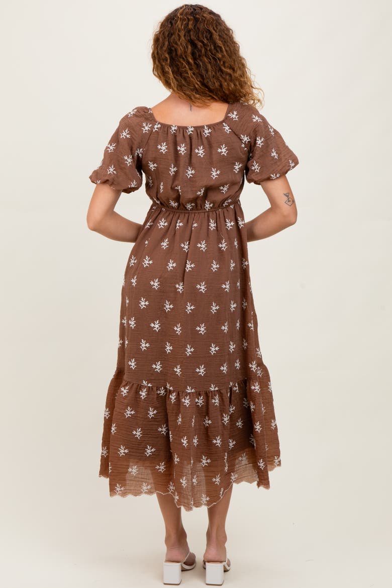 Floral Embroidered Tiered Midi Dress, Alternate, color, Brown