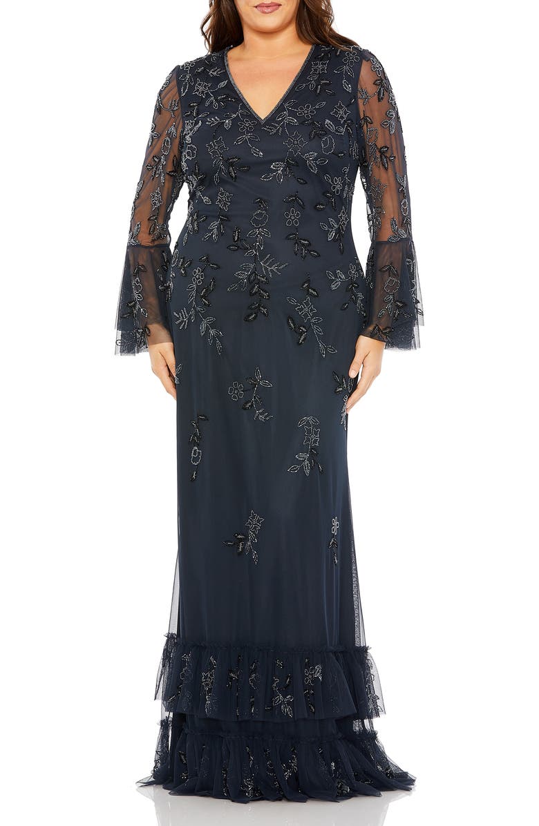 Mac Duggal V-Neck Embellished Flutter Tiered Long Sleeve Gown, Main, color, Midnight