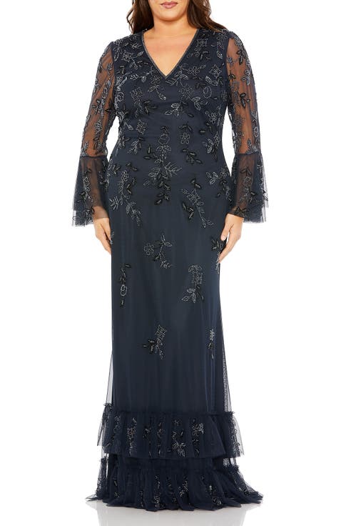 V-Neck Embellished Flutter Tiered Long Sleeve Gown