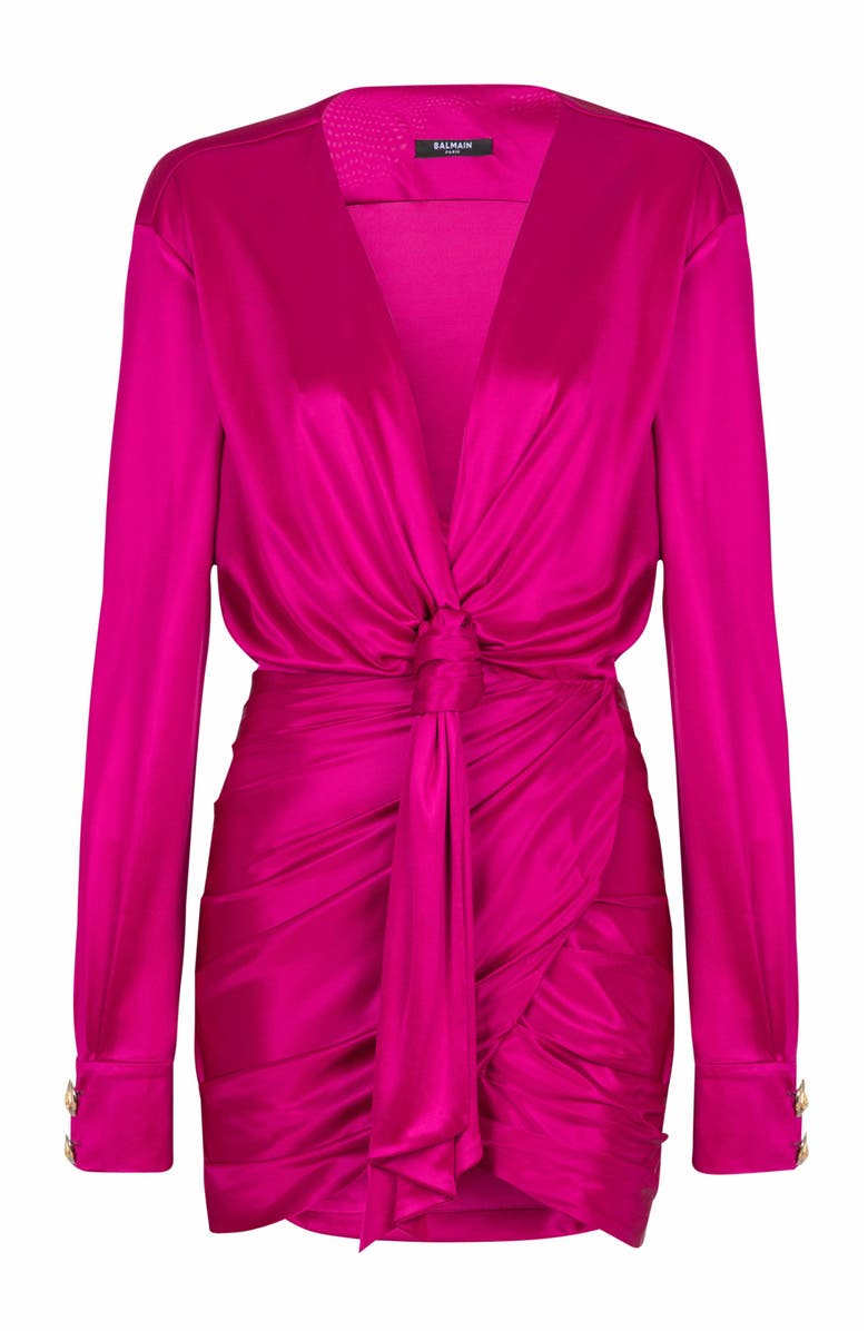 Balmain Short Draped Interlock Jersey Dress, Alternate, color, Pink