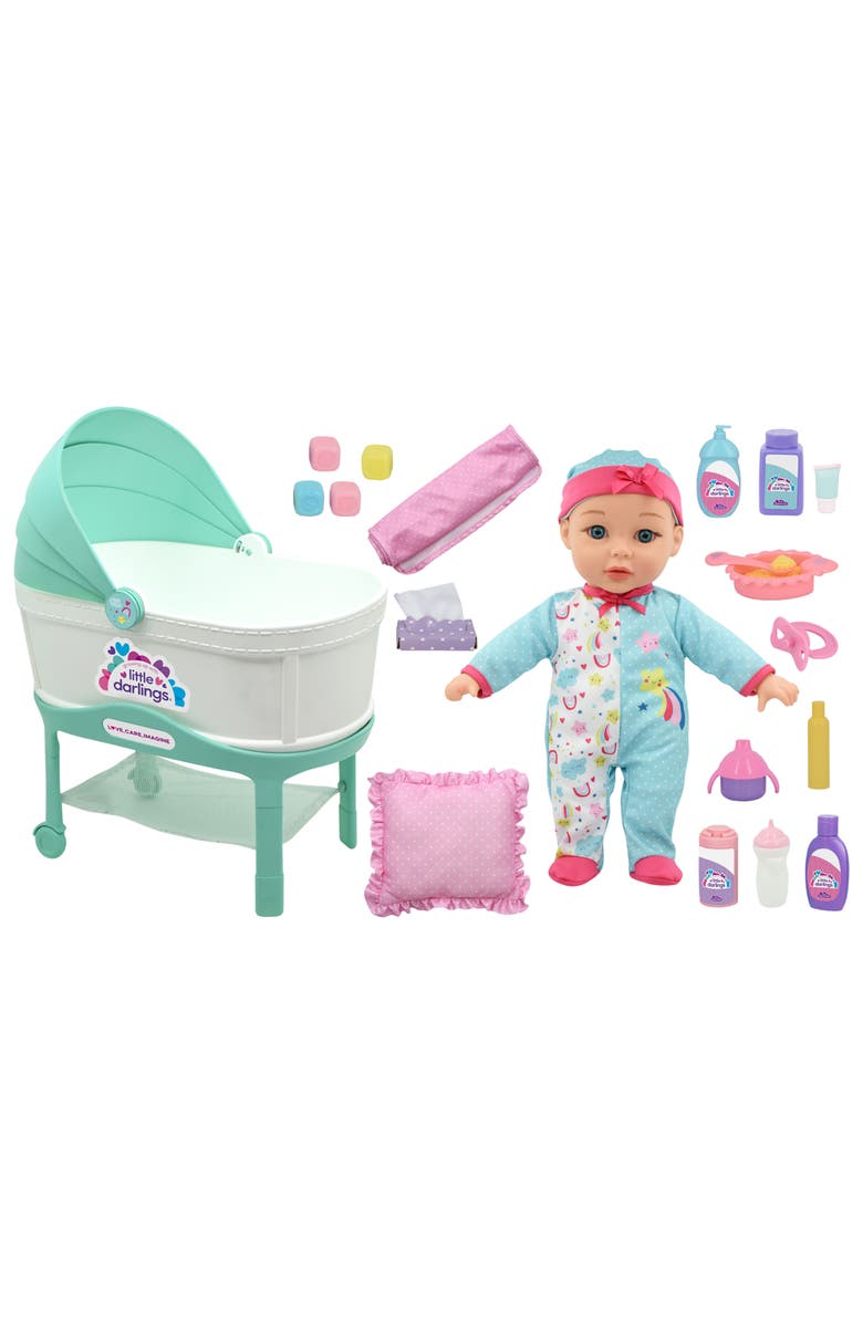 Little Darlings 12" Bassinet Baby Doll Set, Main, color, Multicolored