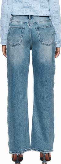 Cutout Imitation Pearl Wide Leg Jeans