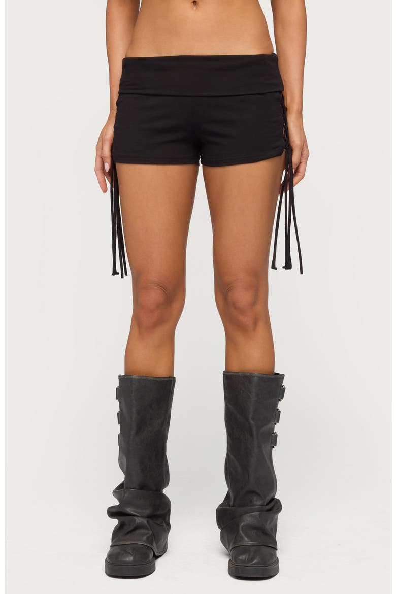 Saffyre Foldover Low Rise Lace-Up Shorts, Main, color, BLACK