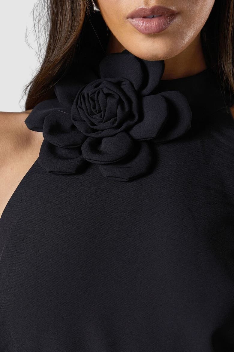 High Neck Corsage Detail Midi Dress, Alternate, color, Black