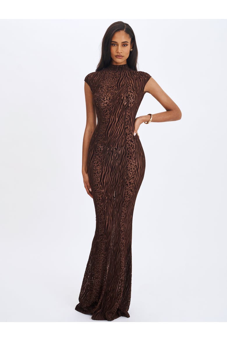 Tyanna Burnout Velvet Mesh Backless Mermaid Maxi Dress, Alternate, color, Mocha