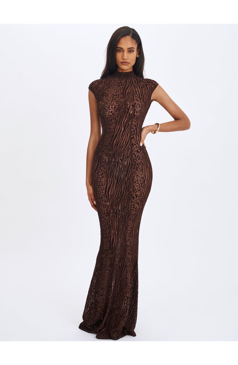 Miss Circle Tyanna Burnout Velvet Mesh Backless Mermaid Maxi Dress, Alternate, color, Mocha