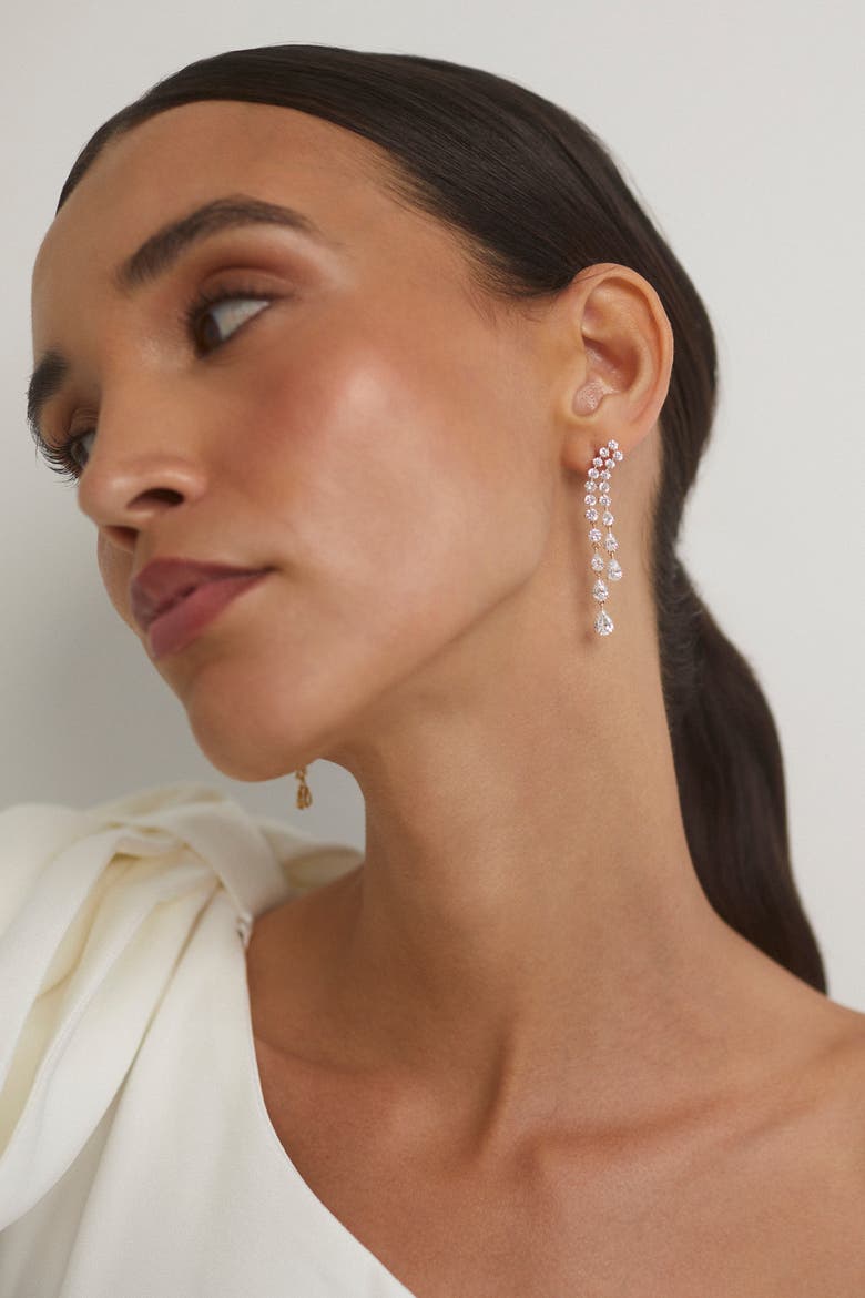 Willow CZ Double Drop Linear Post Climber Earrings, Alternate, color, Rhodium
