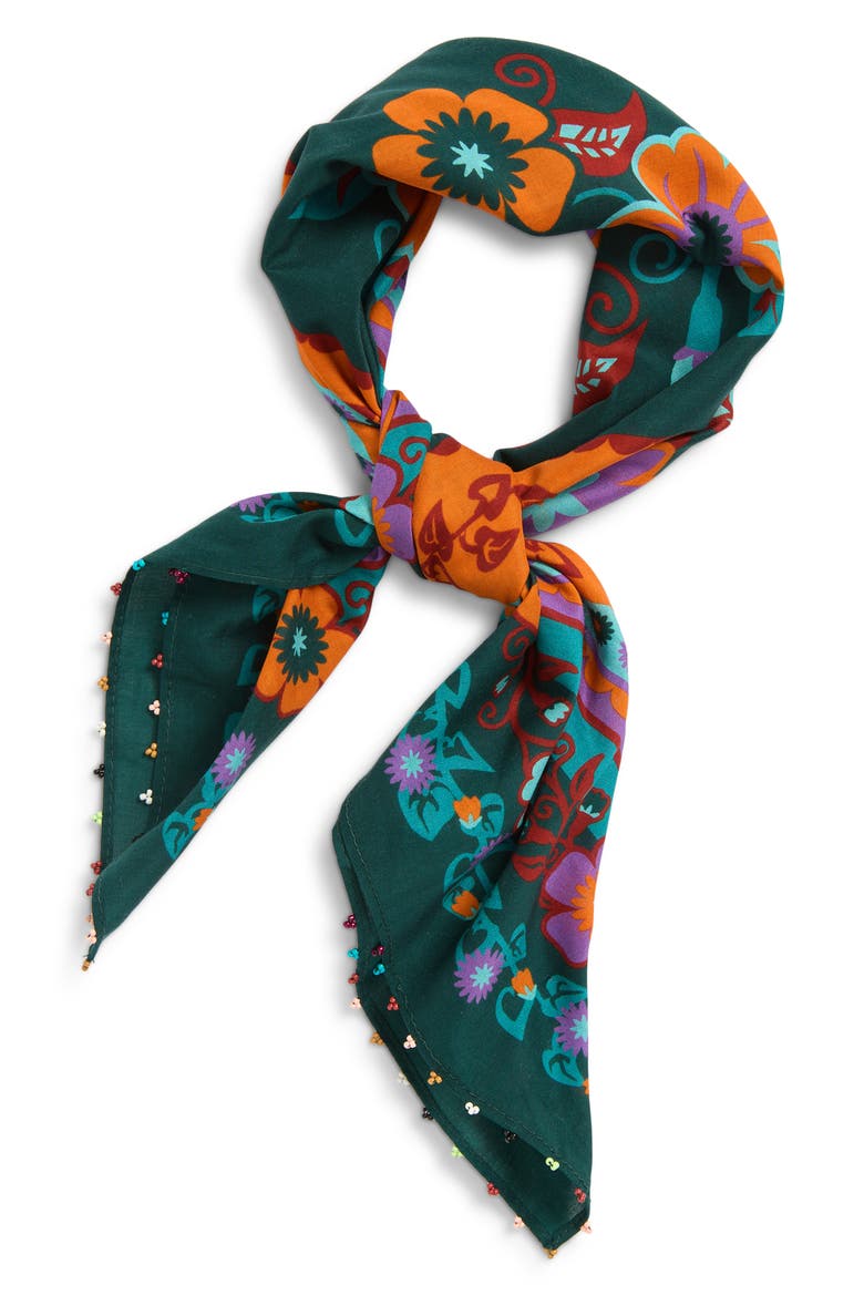 Beaded Cotton Bandana, Alternate, color, TEAL- ORANGE COMBO