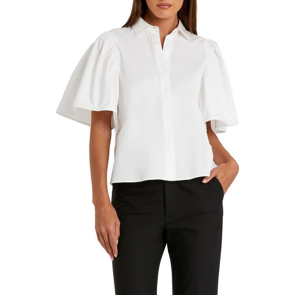 Mac Duggal Stretch Cotton Flare Ruffle Sleeve Button Up Top In White