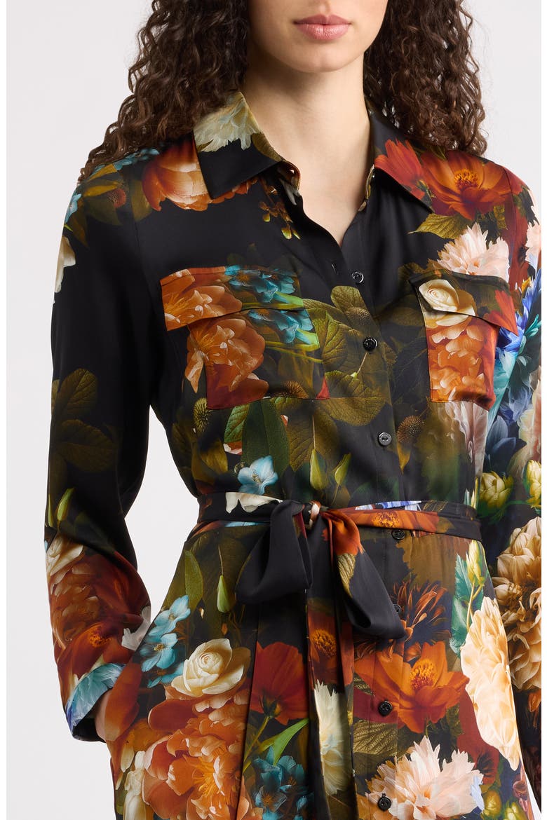 The Kataleya Floral Long Sleeve Stretch Silk Midi Shirtdress, Alternate, color, MYSTICAL FORREST