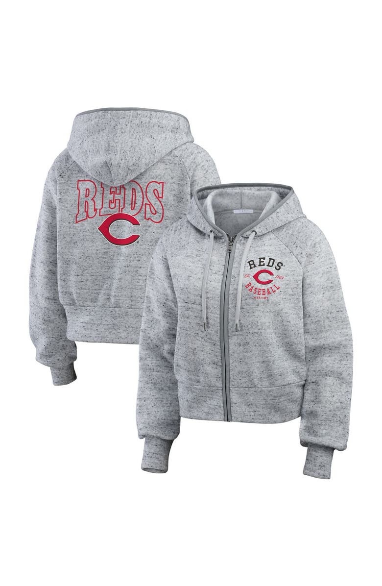 WEAR by Erin Andrews Women's WEAR by Erin Andrews  Heather Gray Cincinnati Reds Speckled Fleece Cropped Full-Zip Hoodie, Main, color, 