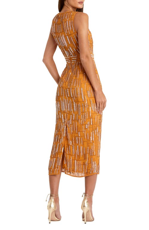 Mac Duggal Women's Abstract Beaded Sleeveless Midi Dress In Saffron
