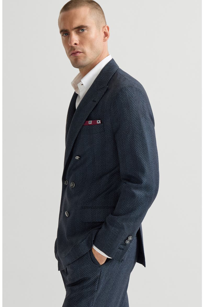 Cashmere and silk chevron flannel one-and-a-half breasted deconstructed blazer with metal buttons, Alternate, color, Navy Blue