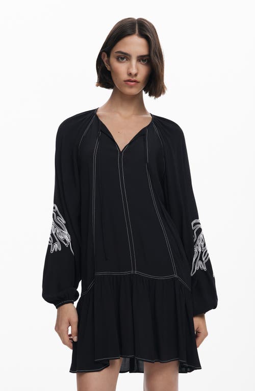 Desigual Embroidered Long Sleeve Shift Minidress In Black