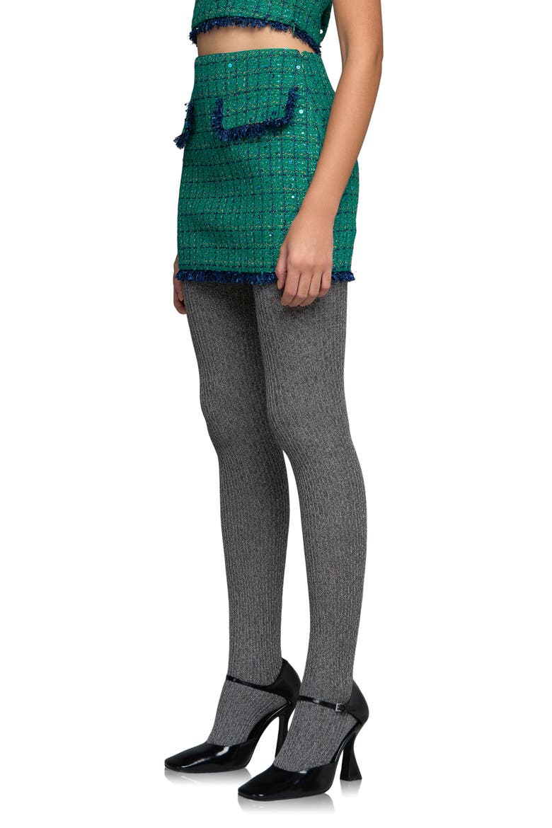 Premium Fringe Edge Sequin Tweed Miniskirt, Alternate, color, GREEN/ NAVY