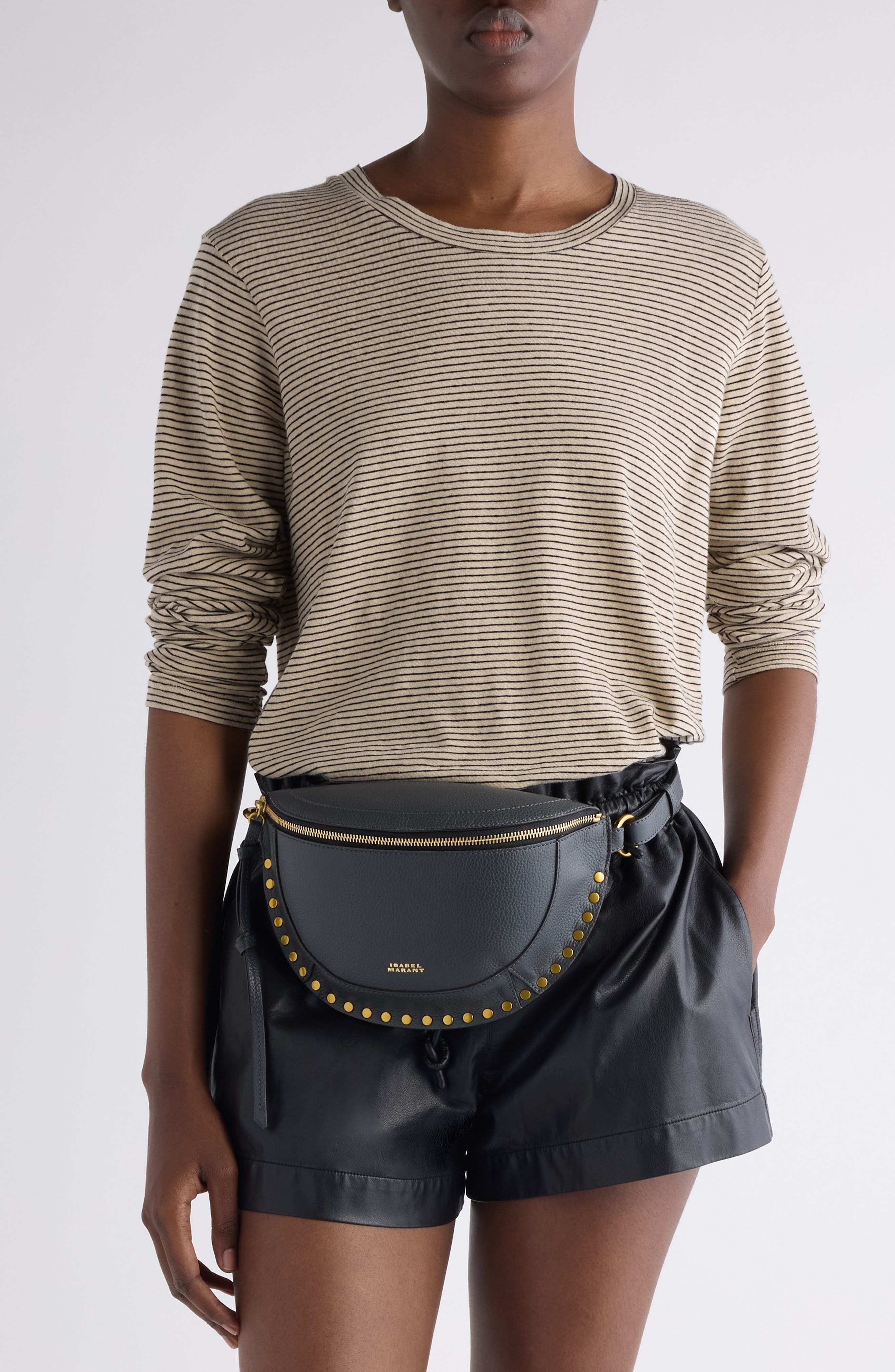 Isabel Marant Skano Stud Leather Convertible Belt Bag, Alternate, color, Asphalt