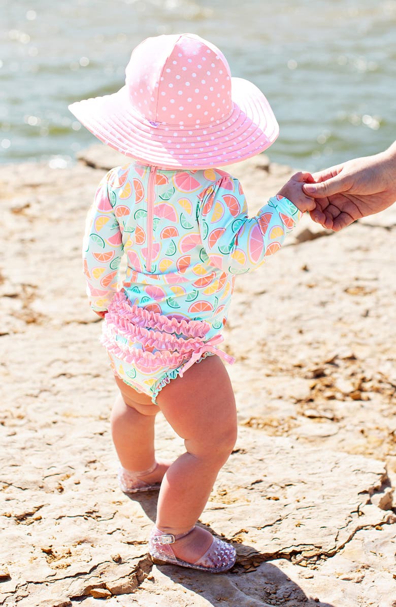 RuffleButts Squeeze the Day One-Piece Rashguard Swimsuit & Reversible Sun Hat Set, Alternate, color, 