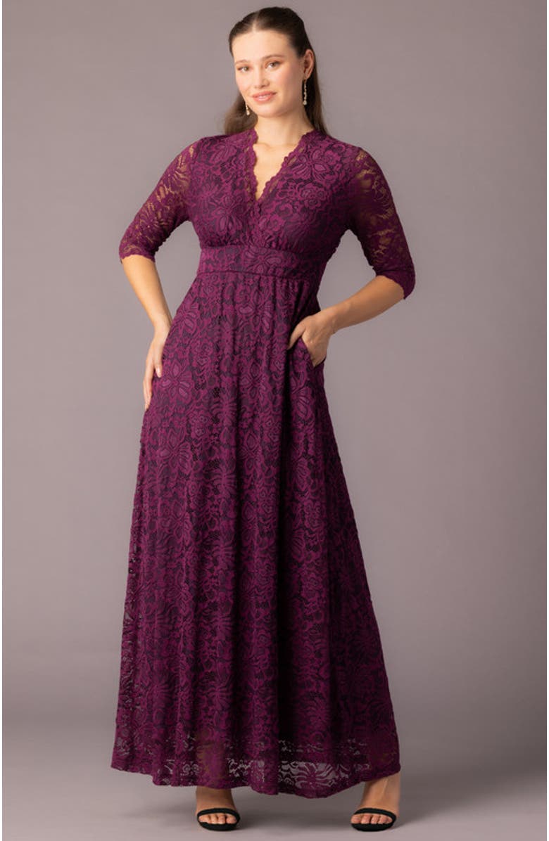 Kiyonna Maria Lace A-Line Evening Gown with Pockets, Alternate, color, Berry Bliss
