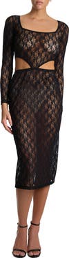 Hanky Panky Erica Long Sleeve Sheer Lace Cutout Midi Dress