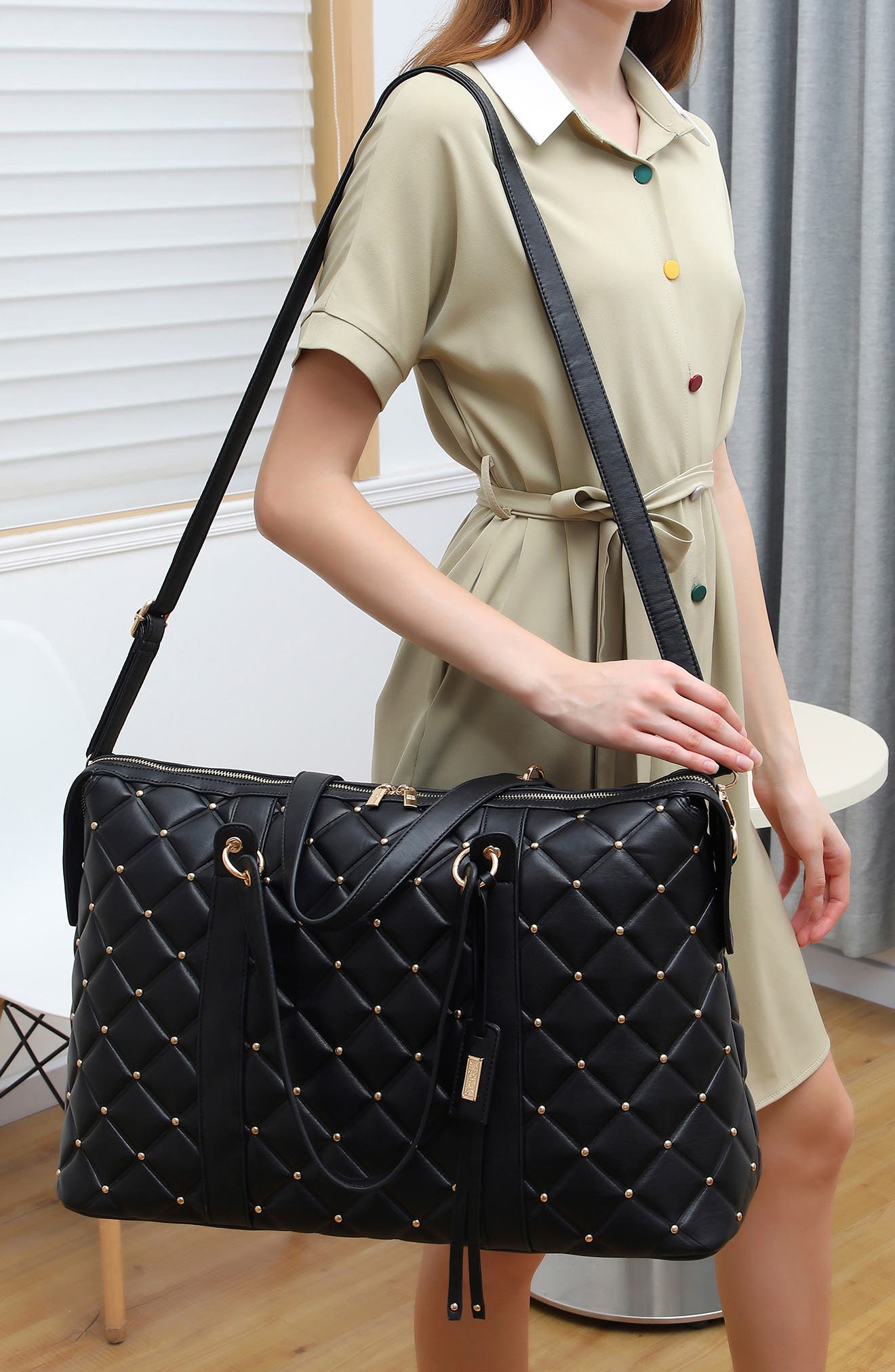 Badgley Mischka Collection Quilted Weekend Duffle Bag, Alternate, color, Black