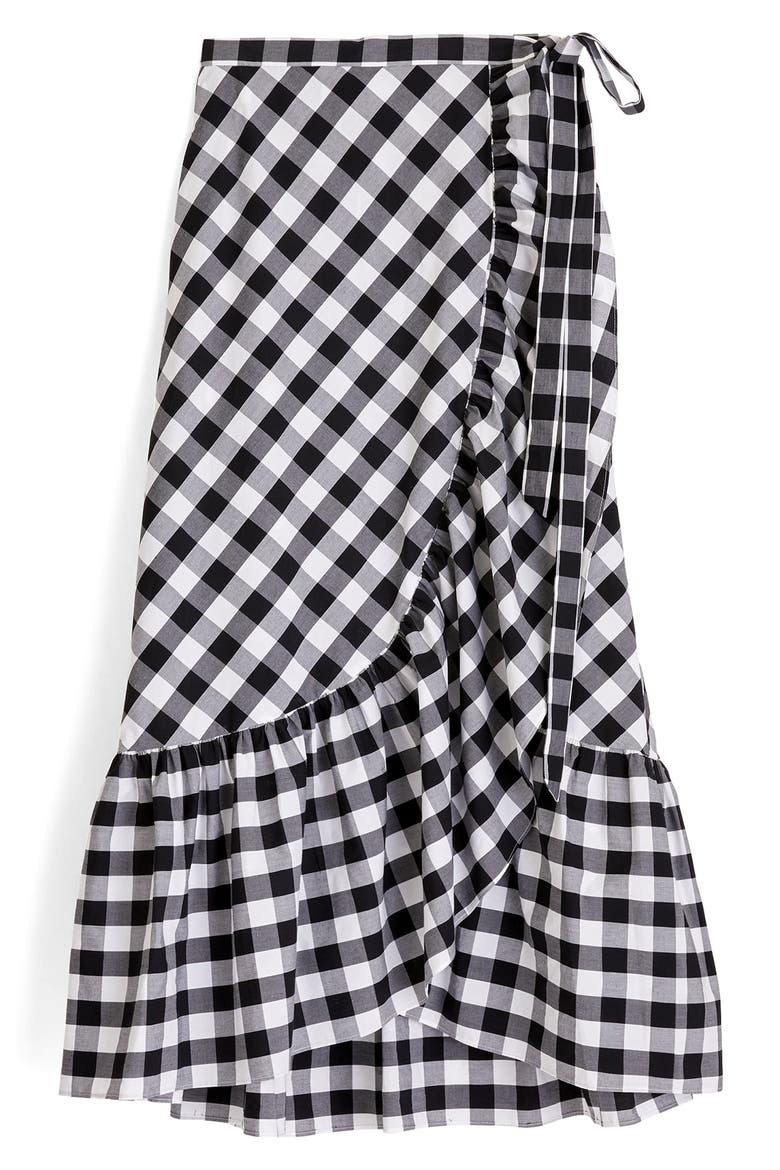 Gingham Ruffle Wrap Skirt, Alternate, color, BLACK